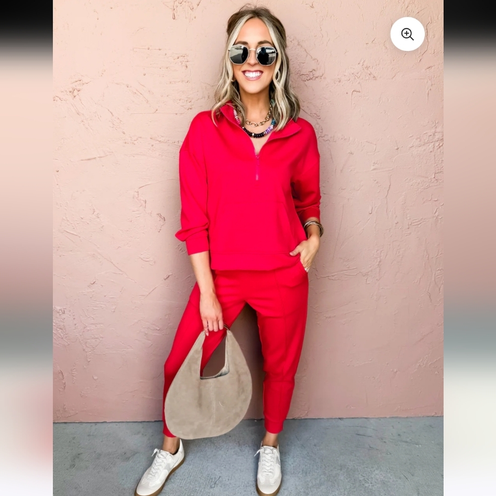 Zenana Scuba Half Zip Sweatshirt Pullover & Jogger Pants Set red large Boutique